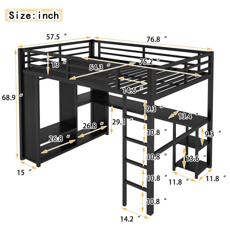 Roomfitters Twin/Full Metal Loft Bed Frame with Built-in Wardrobe, Desk & Storage Shelves, Space-Saving Design, Black