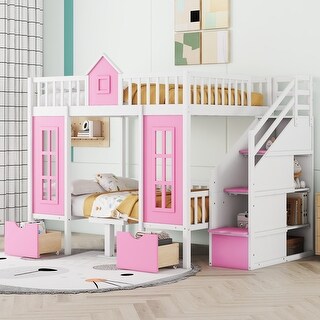 Pink Full-Over-Full Bunk Bed with Changeable Table and Drawer, Playhouse Design