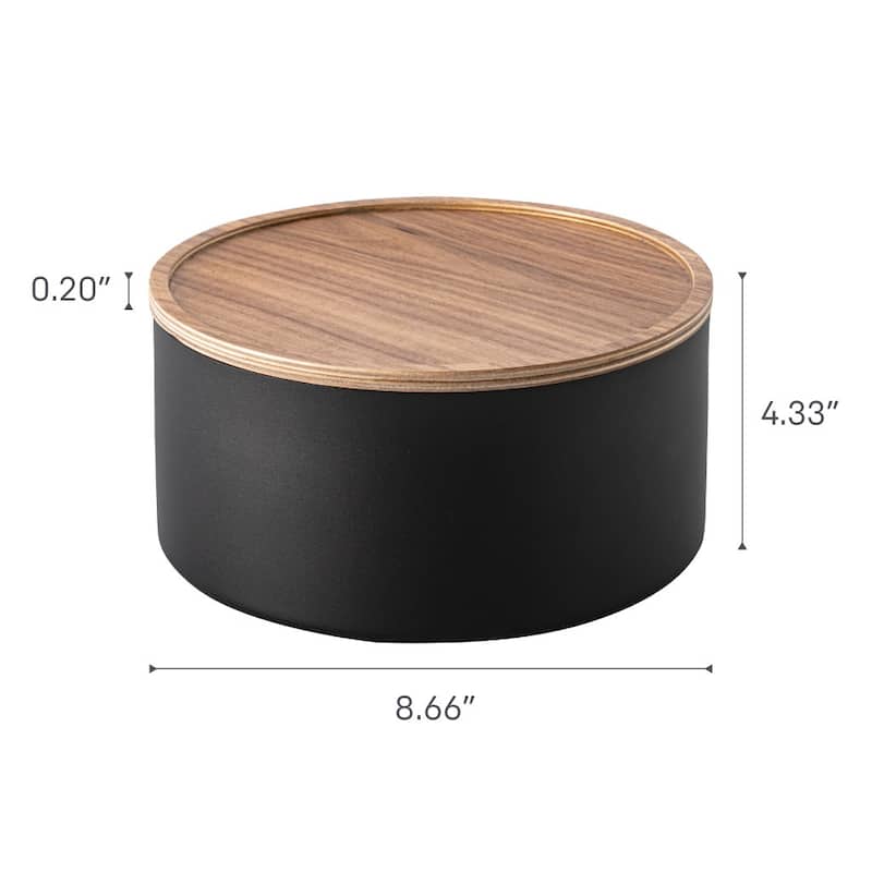 Yamazaki Home Storage Case - Two Sizes, Steel and Wood, Tall, Lid - L 8.7 x W 8.7 x H 4.3 inches