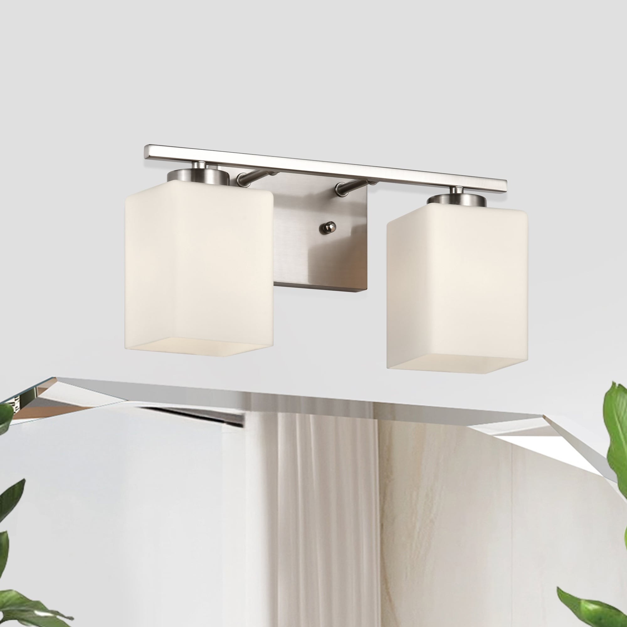 Brushed Nickel Indoor Bathroom Vanity Lights with Etched White Glass Square Rectangle Shades