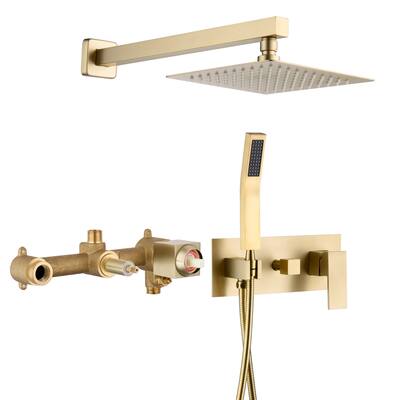 Brushed Gold Rain Shower System With Handheld Shower And Pressure Balancing Shower Mixer Valve