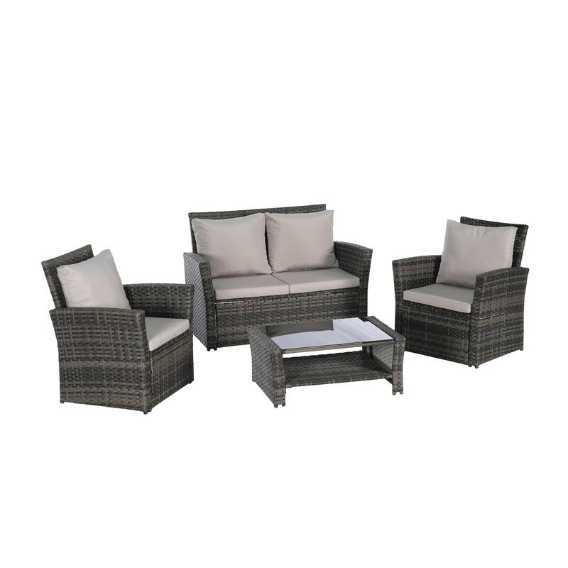 4 Piece Patio Furniture Set, Outdoor Rattan Wicker Sofa Set with Water Resistant Cushion and Tempered Glass Coffee Table