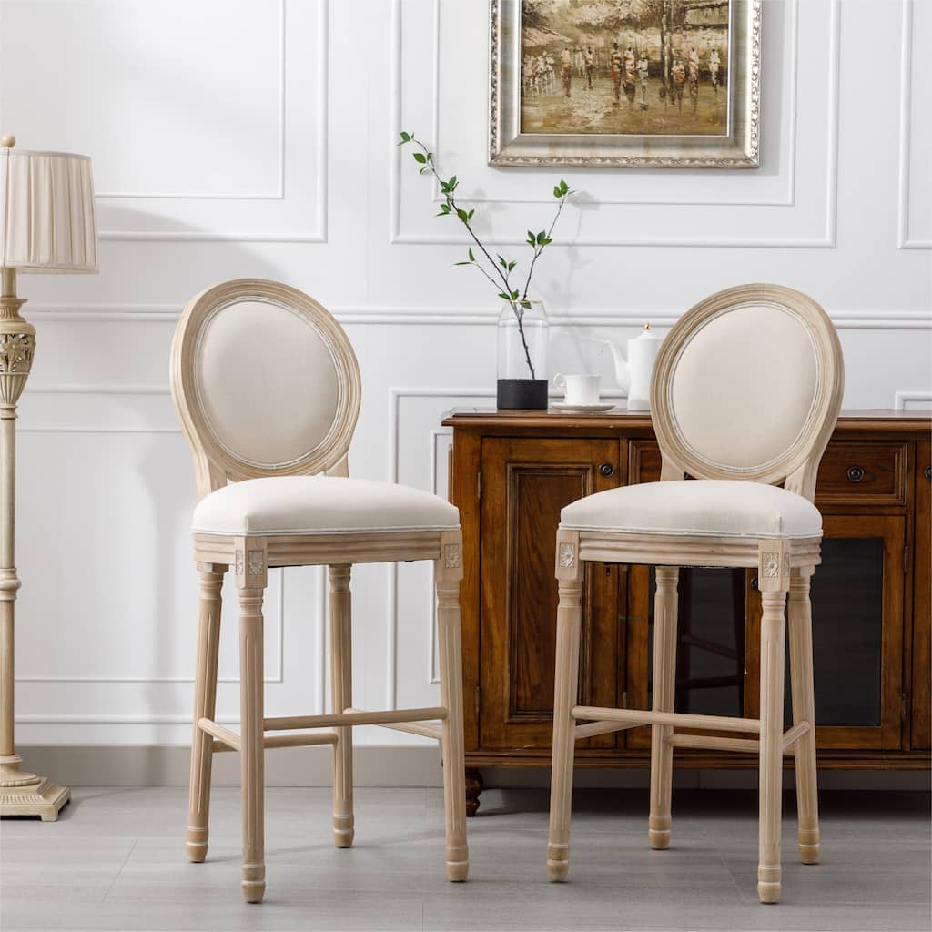 French Country Wooden Barstools with Upholstered Seating, Set of 2