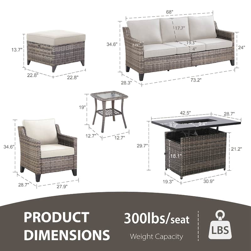 Glissia 7-Piece Gray Wicker Fire Pit Conversation Set with height-adjustable fire pit