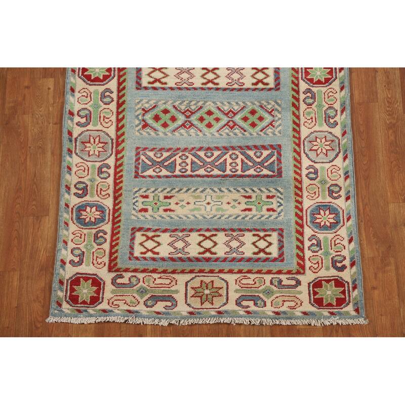 Light Blue Kazak Runner Rug Hand-Knotted Geometric Wool Carpet - 3'4" x 16'0"