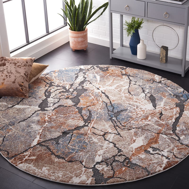 SAFAVIEH Cyrus Shag Gretje Modern Abstract Rug - 6'7" Round - Grey/Rust