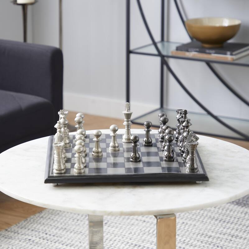 Aluminum Metal Chess Game Set with Black and Silver Pieces - Silver - Roche River Decor