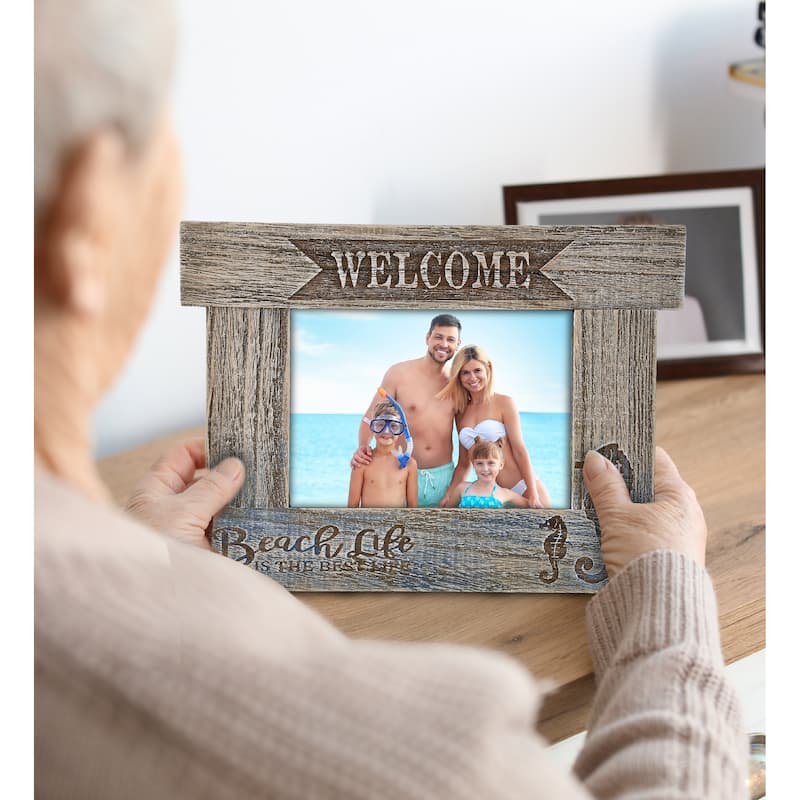 CoTa Global Driftwood Sea Horse White Distressed Wood 7X5 Photo Frame - 11.7 inches