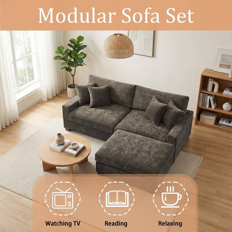 Oversized Chenille Modular Sectional Sofa Living Room Set with Ottoman