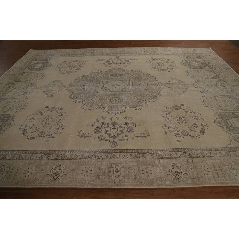 Geometric Beige Tabriz Persian Vintage Rug Handmade Wool Carpet - 8'11" x 11'5"