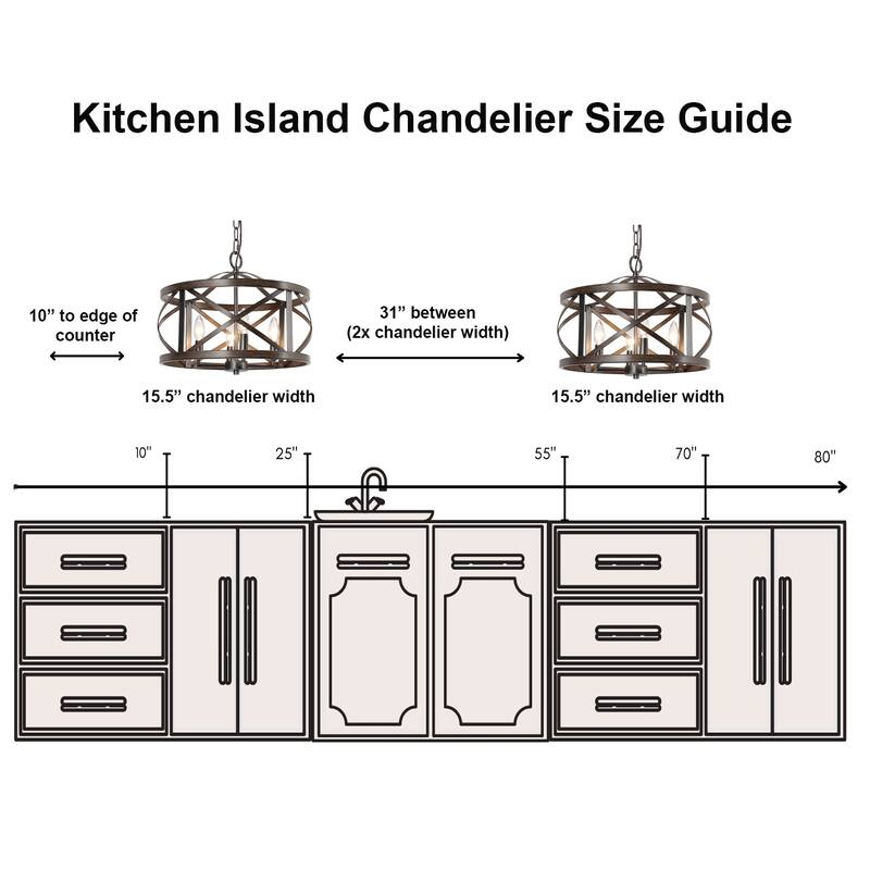 Modern Farmhouse 4-Light Drum Chandelier Wood Grain Lights for Dining Room - D15.5" x H76"