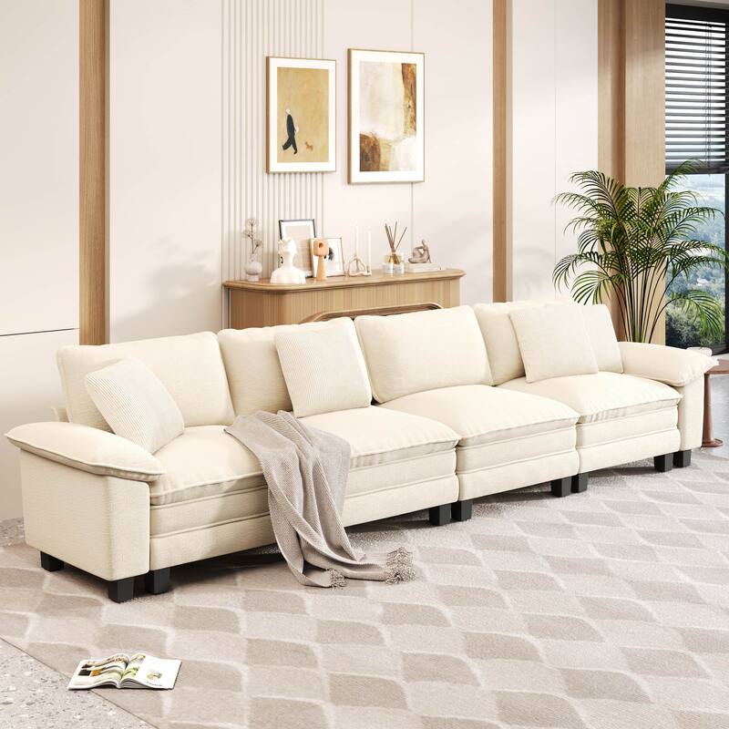 MAISON ARTS Cloud Modular Deep Seat Sofa, Chenille or Corduroy Sectional Couch with Removable Arms, 1–4 Seater - Beige Chenille(4 Pieces) - Symmetrical