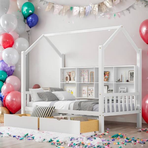 slide 2 of 24, Twin Size Wooden House Bed Kids Bed with 2 Drawers and Storage Shelf White