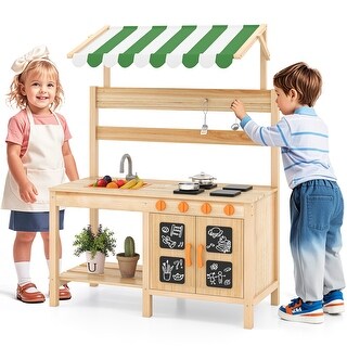 Gymax Kids Mud Kitchen Outdoor Wooden Pretend Play Kitchen w/ 4