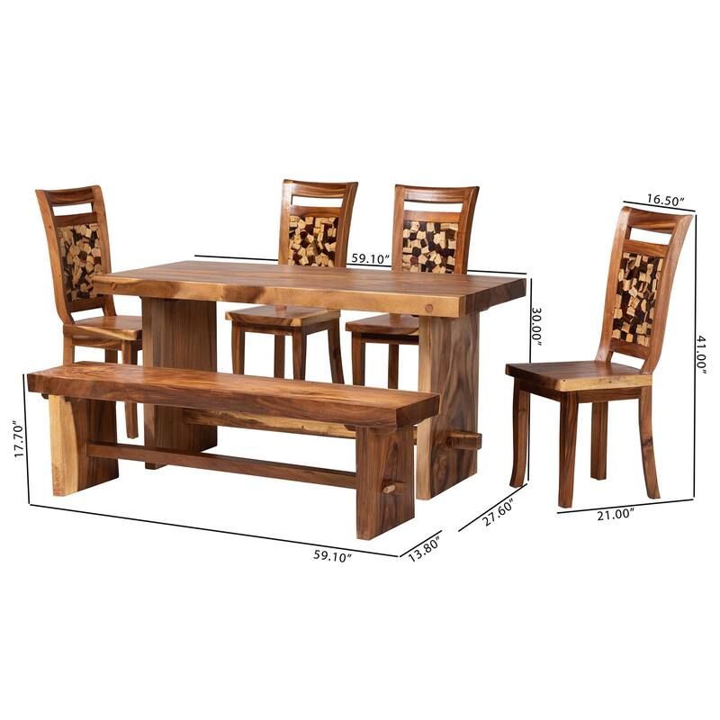 Luan Suar Wood Dining Set - Handcrafted Rectangular Solid Wood Table with Seating, Rustic Modern Kitchen or Dining Room Set