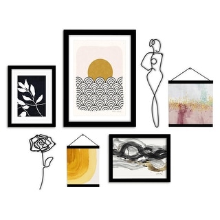7 Piece Framed Multimedia Gallery Wall Art Set Black and Gold Abstract ...