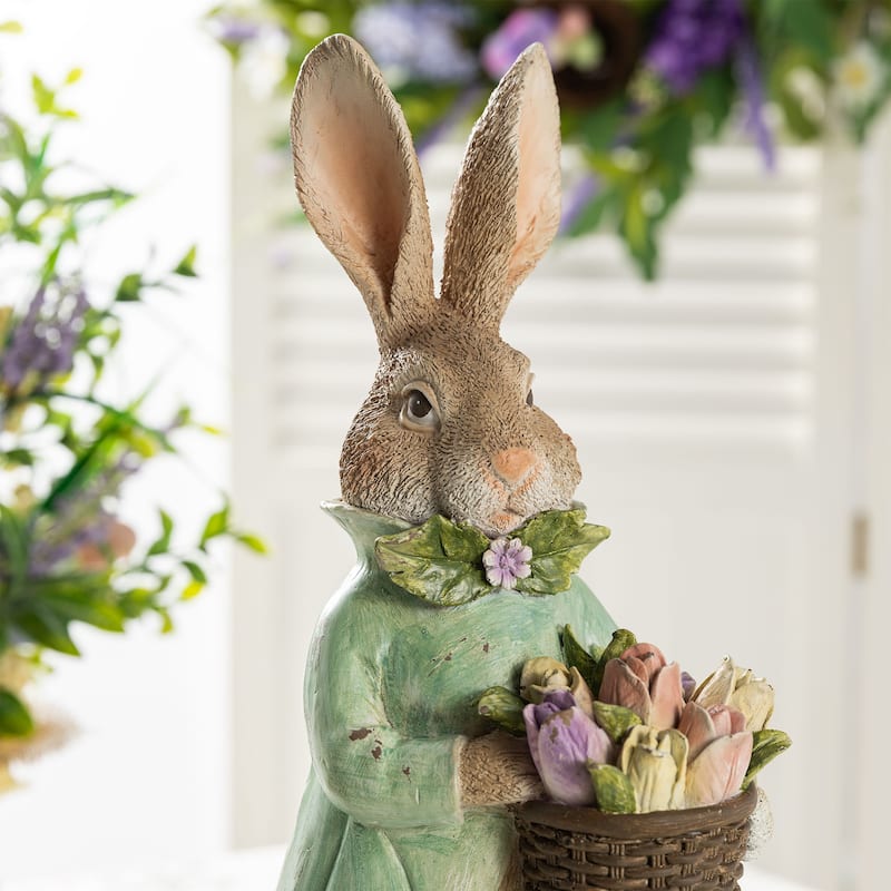 Glitzhome Easter Resin Bunny Boy Girl Table Decor with Flower Rabbit Figurine Ornaments
