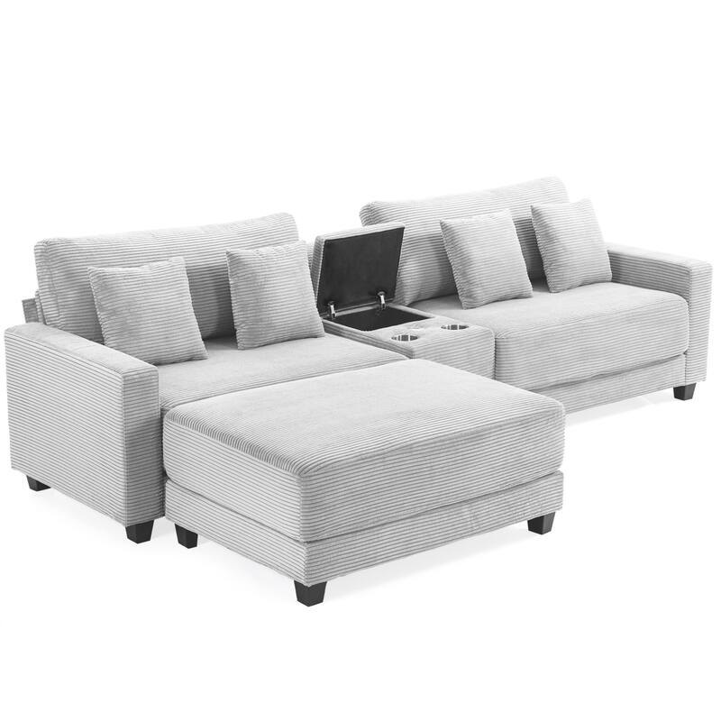 Oversized Corduroy Upholstered Sofa with a Removable Ottoman & 4 Pillows