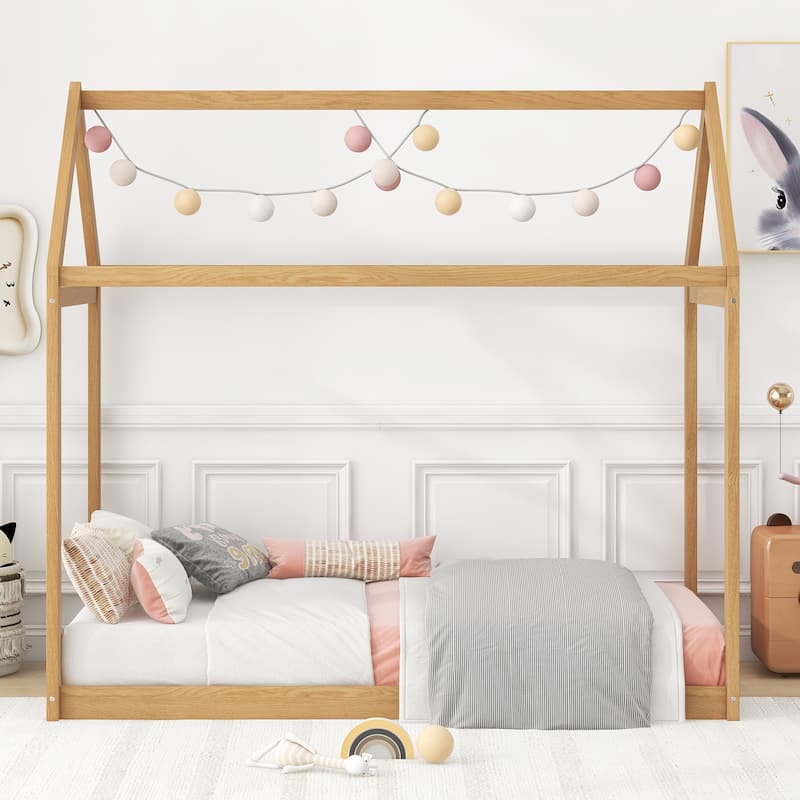 Twin Size Sturdy Durable Wooden House Bed, Wood Color