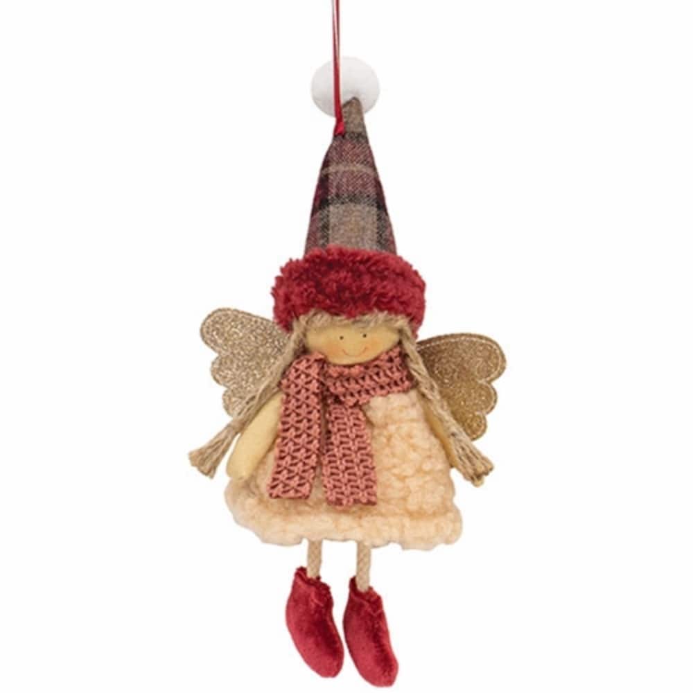 Multi Color Sherpa Dress Pink Angel Doll Ornament with Burgundy Ribbon Hanger - 5 x 2.25 x 9 in.