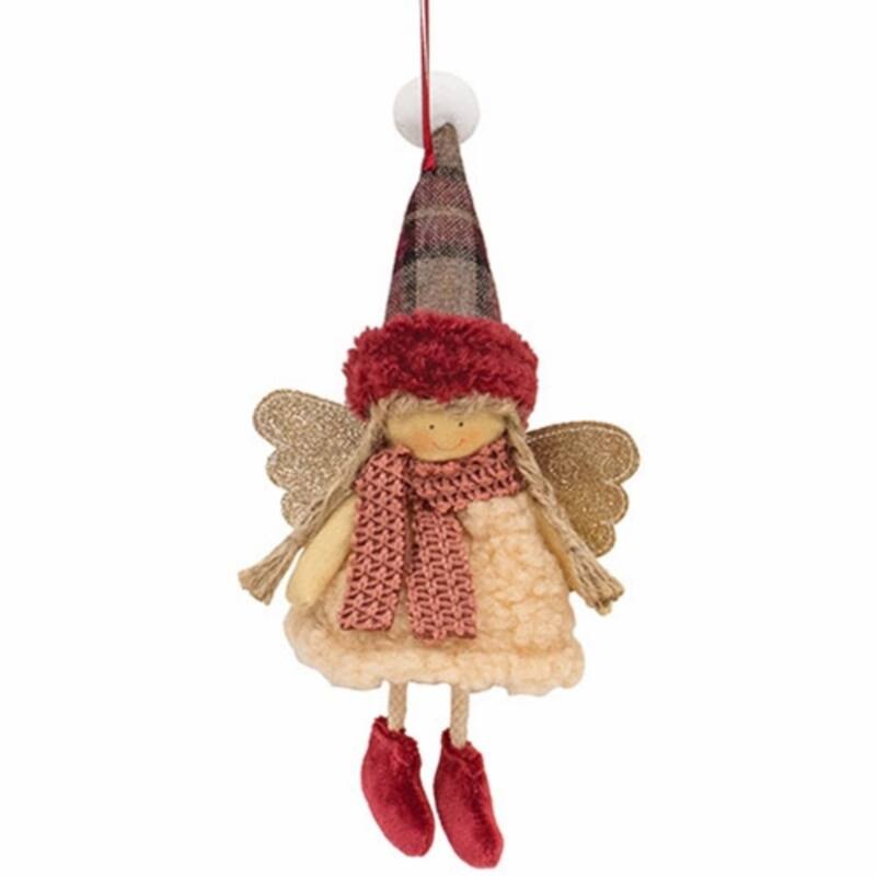 Multi Color Sherpa Dress Pink Angel Doll Ornament with Burgundy Ribbon Hanger - 5 x 2.25 x 9 in. - Multi