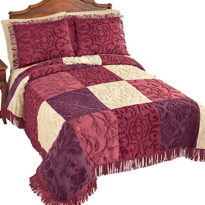 Patchwork Style Textured Chenille Fringe Border Bedspread