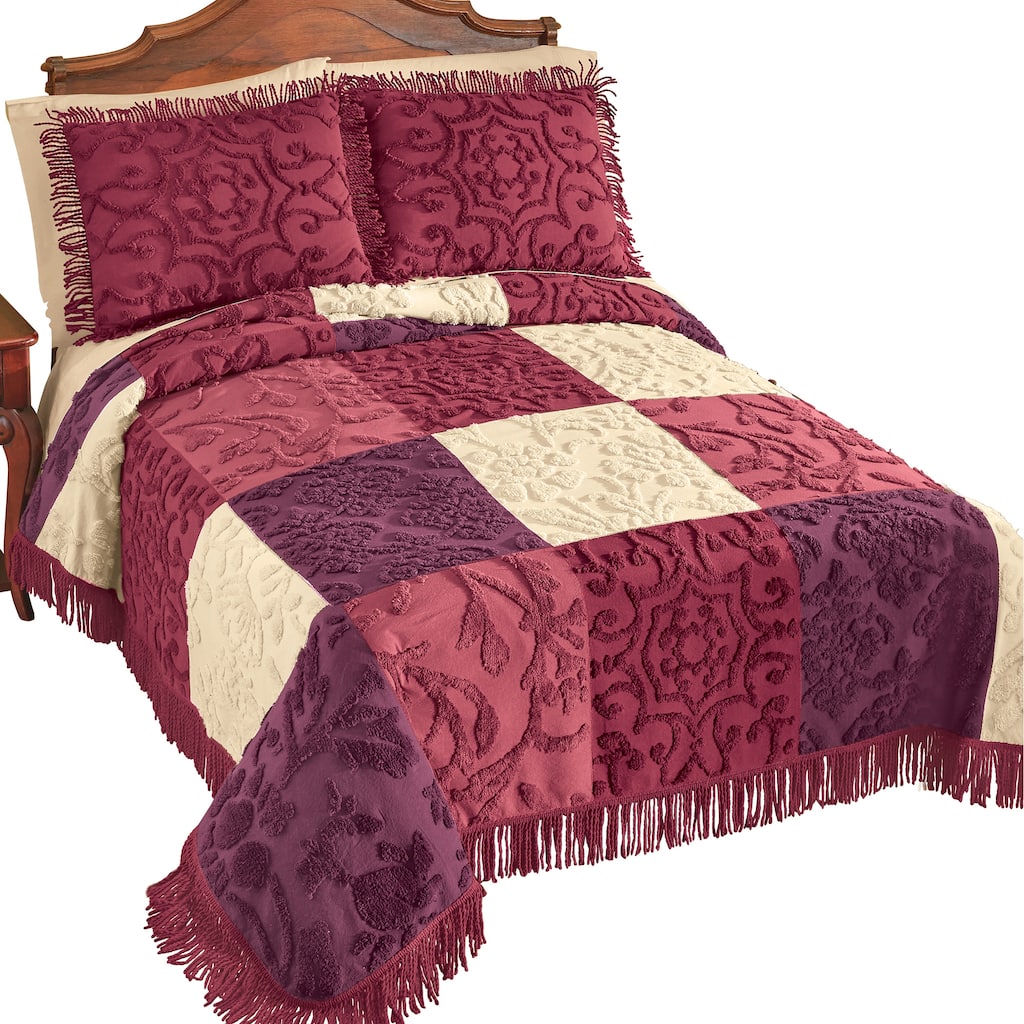 Patchwork Style Textured Chenille Fringe Border Bedspread