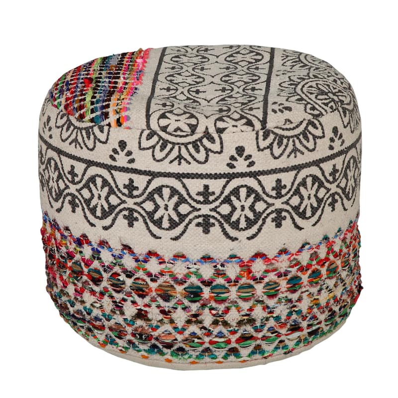 18" White and Black Bohemian Hand Loomed Round Pouf Ottoman