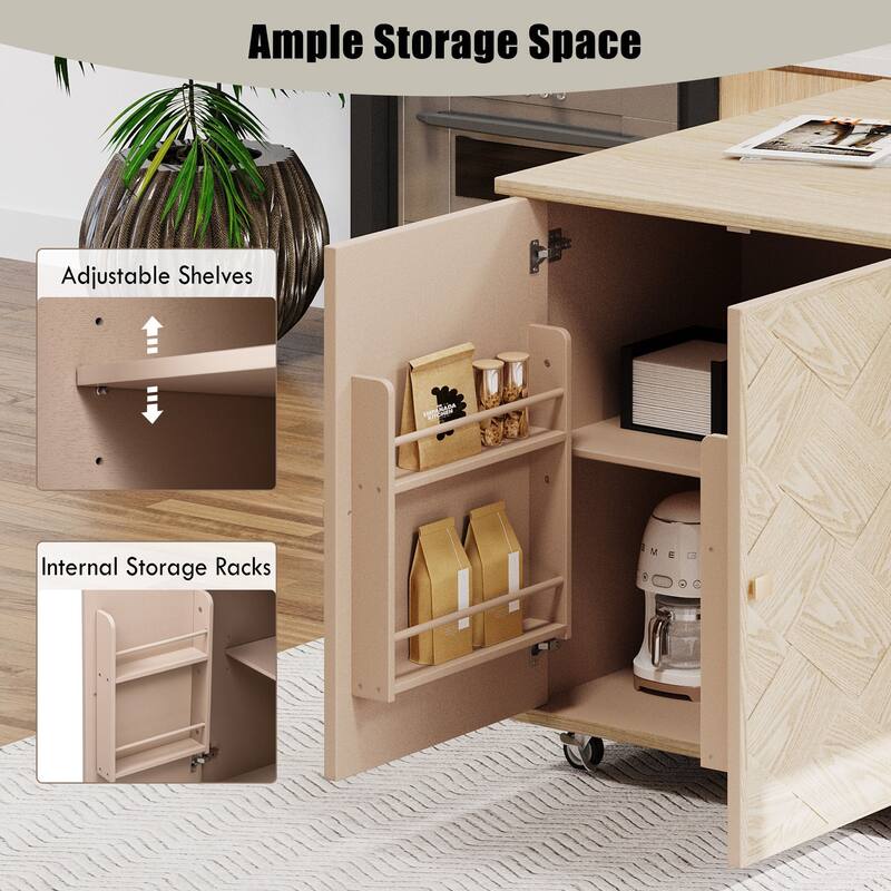 Rolling Kitchen Island with Drop Leaf, Ash Veneer Handwoven Doors, Internal Storage Rack, and Wheels - 51.2" Coastal Design
