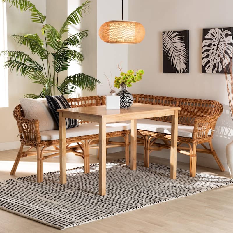 Nella Bohemian Natural Brown Finished Wood and Rattan 3-Piece Dining Nook Set