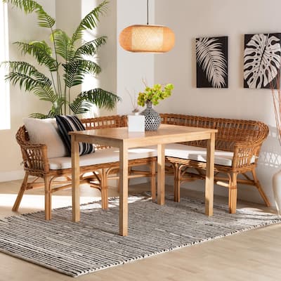 Nella Bohemian Natural Brown Finished Wood and Rattan 3-Piece Dining Nook Set