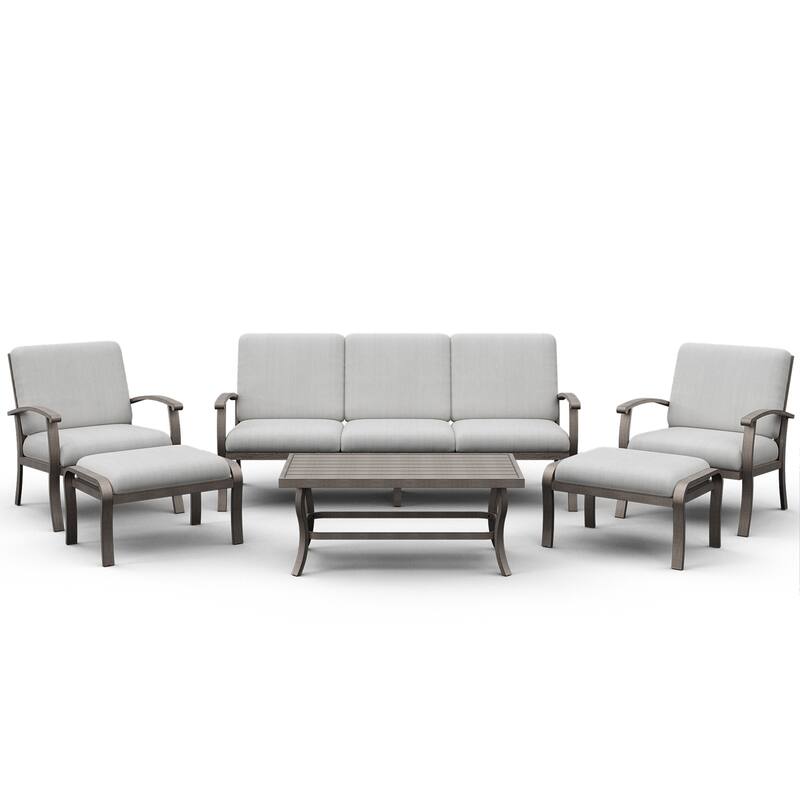 6-Piece Aluminum Patio Conversation Set with Coffee Table,Sofa, Ottoman and Light Gray Cushions - Grey