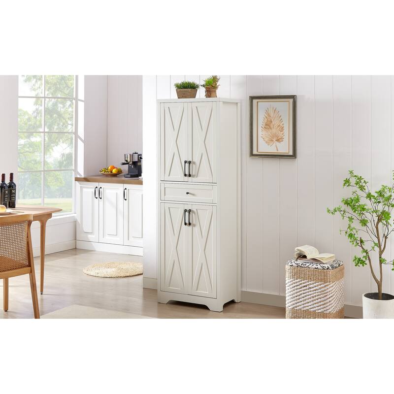 Anmytek White Farmhouse Storage Cabinet 68"Tall with X Frame Doors Adjustable Shelves