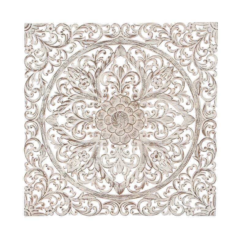White Wood Handmade Intricately Carved Mandala Floral Home Wall Decor with Brown Distressing