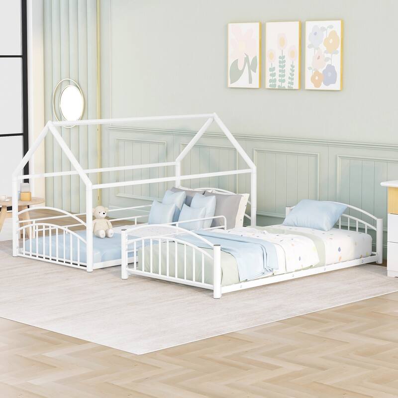 Metal Twin Over Twin Bunk Bed with Slide - Kids House Style Bed in White