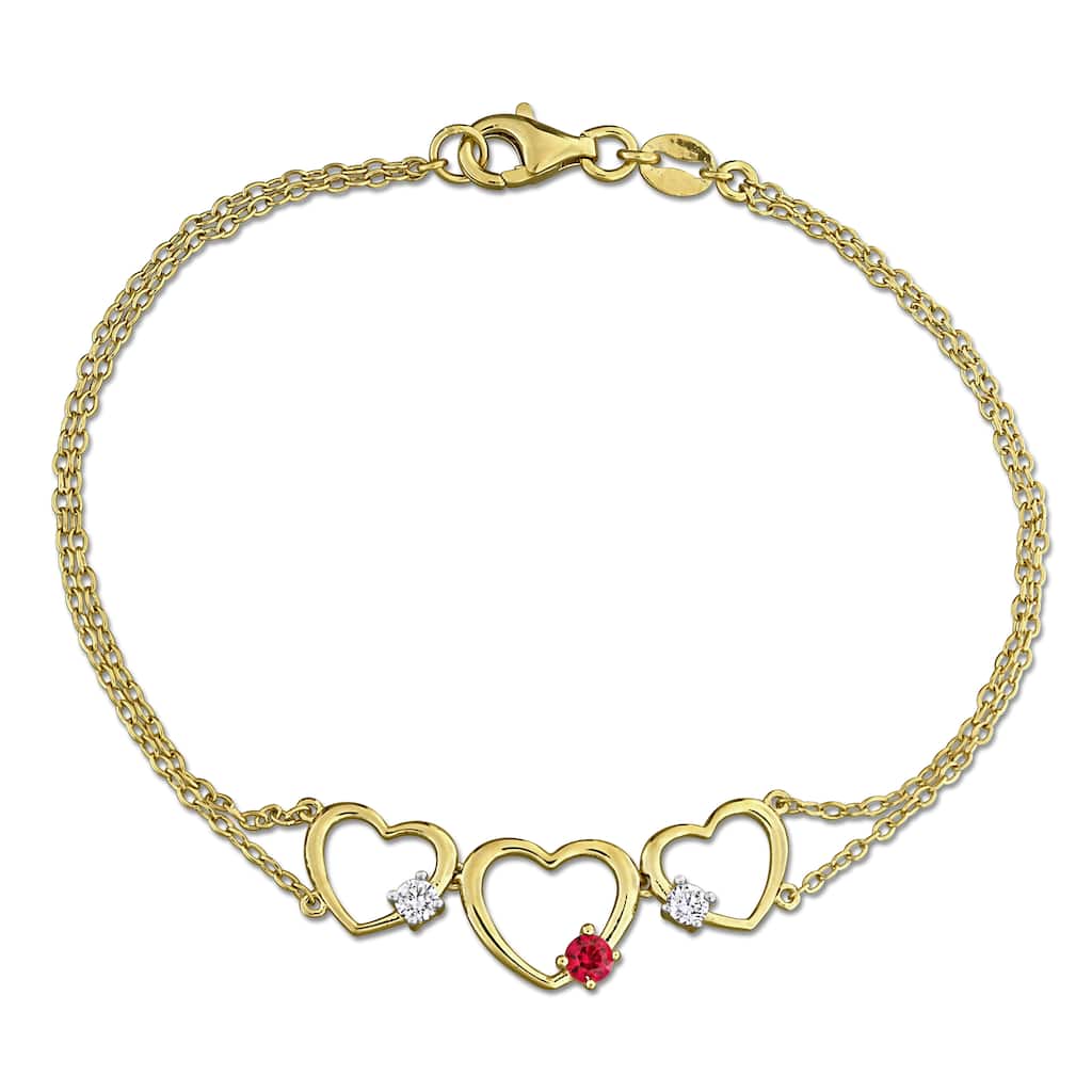 Miadora 1/6ct TGW Created Ruby 1/7ct TW Lab-Grown Diamond Triple Heart Bracelet Yellow Silver