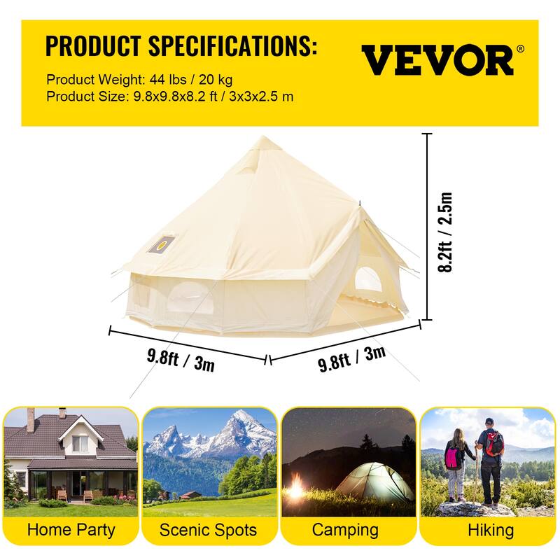 VEVOR Canvas Tent 4 Seasons Breathable 100% Cotton Canvas Yurt Tent - w/Stove Jack