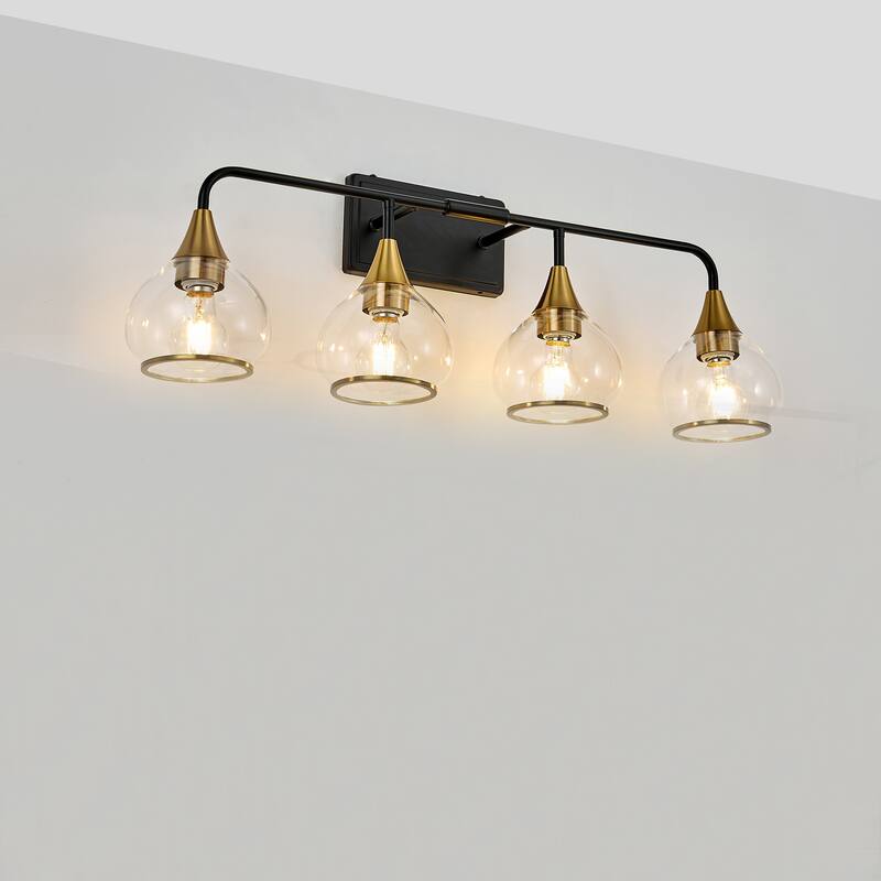 31" Modern 4-Light Vanity Wall Sconce, Bathroom Light Fixture with Clear Glass Shades - Black+Gold