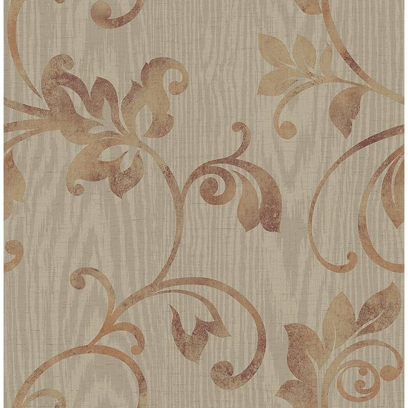 Seabrook Designs Gyneth Acanthus Scrolls Unpasted Wallpaper - 20.5 in W x 33 ft. L - Metallic Taupe & Spice