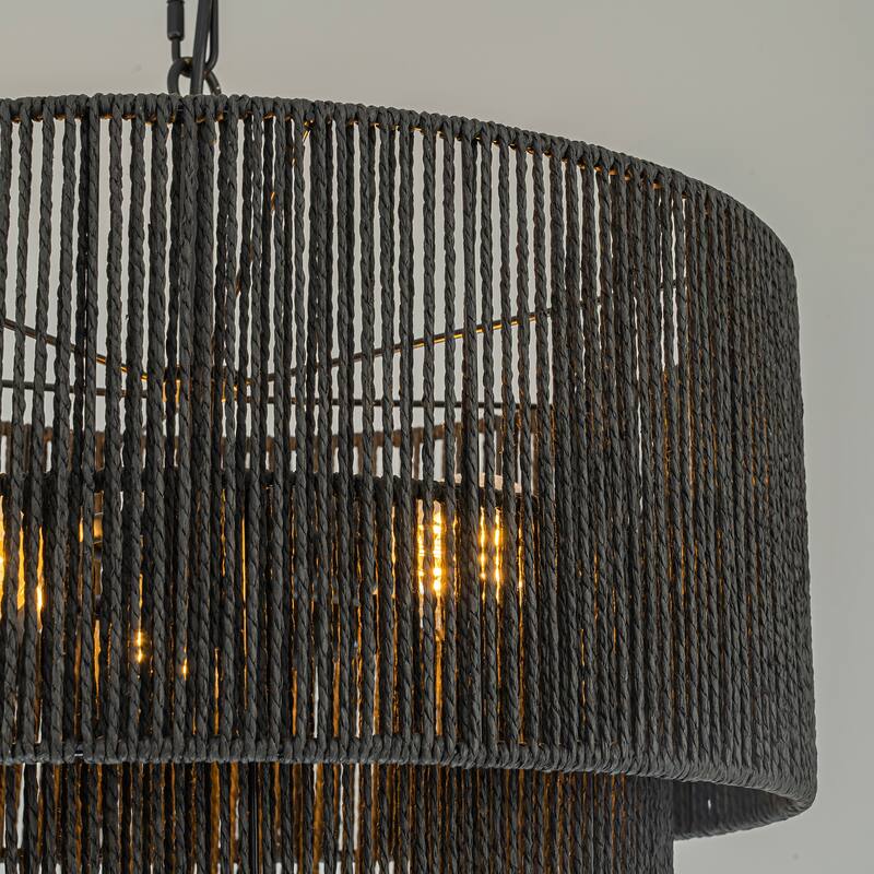 Armida 3-Light Rattan Rope Tiered Drum Pendant, Coastal Boho - Handwoven