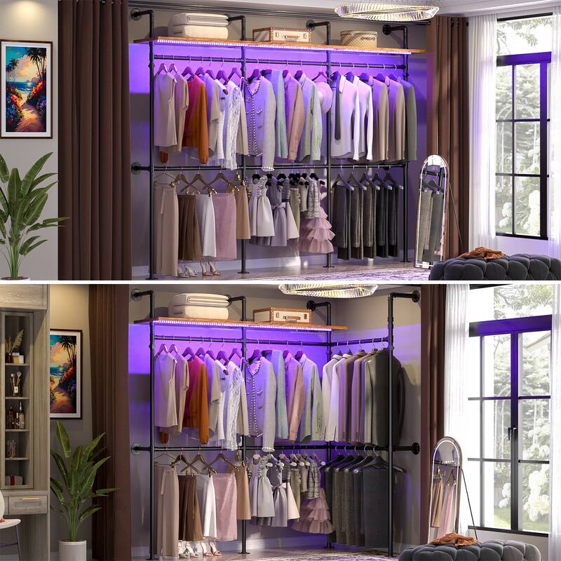 Industrial Pipe Clothing Rack, Reversible 118.3'' Garment Rack with LED Lights& Shelves for Walk-in Closet
