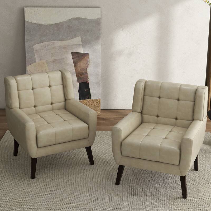 Tufted Wingback Accent Chairs Linen/Faux Leather/Velvet Armchairs Set of 2