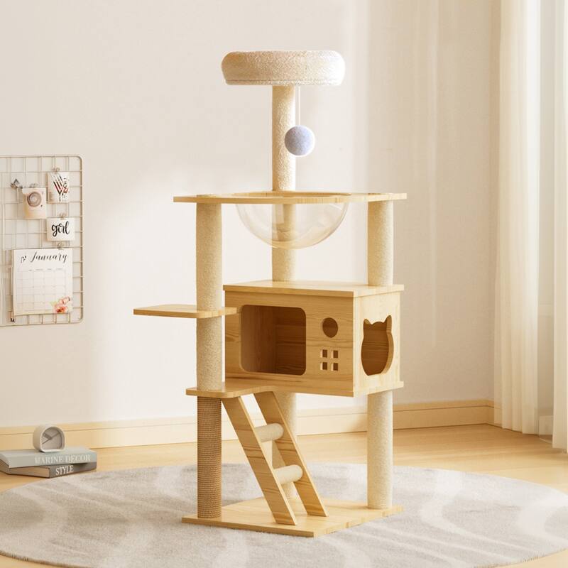 48.8" Modern Wood Cat Tower - Indoor Cat Tree with Sisal Scratching Posts, Top Perch & Acrylic Hammock for Small to Large Cats - Natural+White