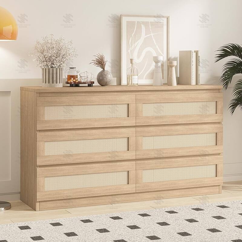 6/8 Drawer Rattan Dresser for Bedroom, Double Wood Chest of Drawers for Closet, Nightstand, TV Stand - 6-drawer - Brown