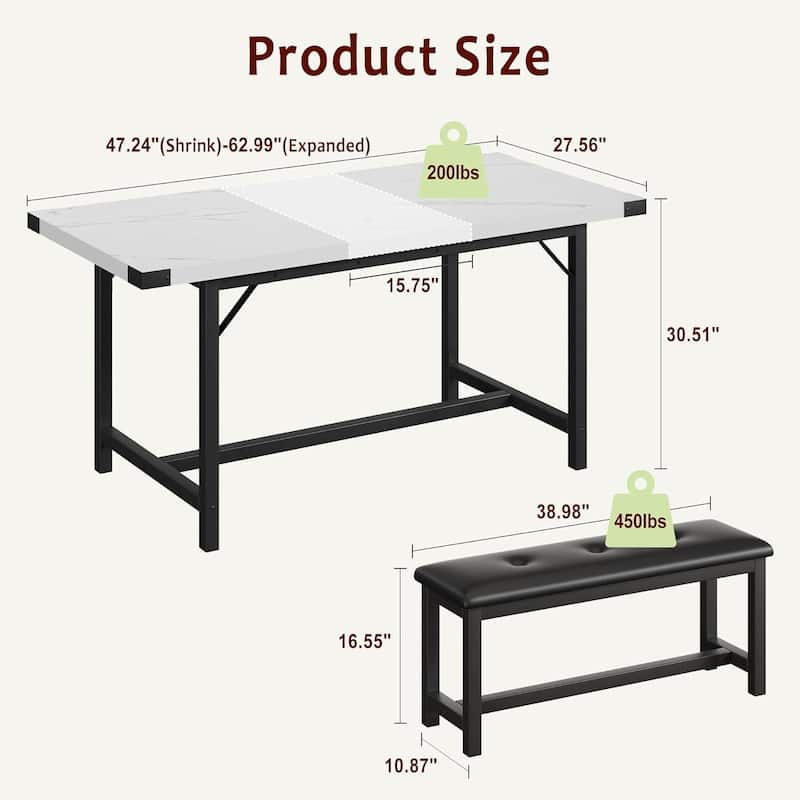 Extendable Kitchen Dining Table Set with 2 Upholstered Benche for 4 for Kitchen, Apartment, Studio