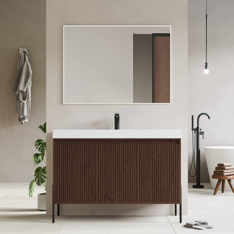 Ripple 48" Single Bathroom Vanity Set - Walnut - Single White Sink