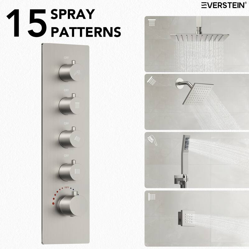 Dual Heads 16" Rainfall & High Pressure 6" Shower Head 3 Way Thermostatic Faucet System w/ 3 Body Jets
