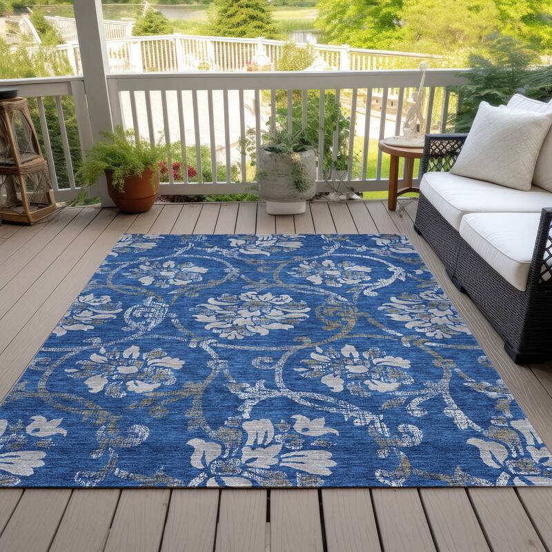 Machine Washable Indoor/ Outdoor Chantille Floral Scroll Rug - Blue - 10' x 14'