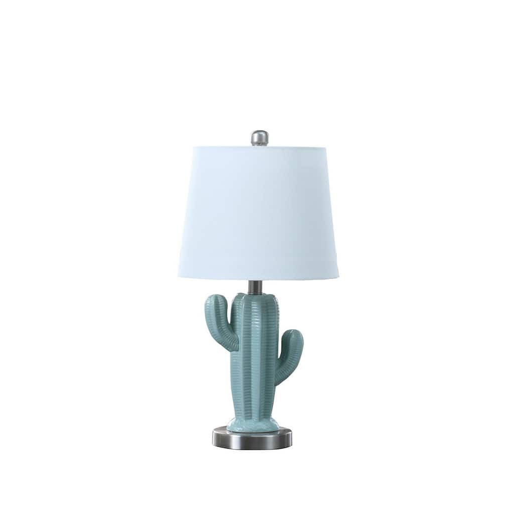 22" In Southwest Teal Ceramic Cactus Plant Modern Metal Table Lamp