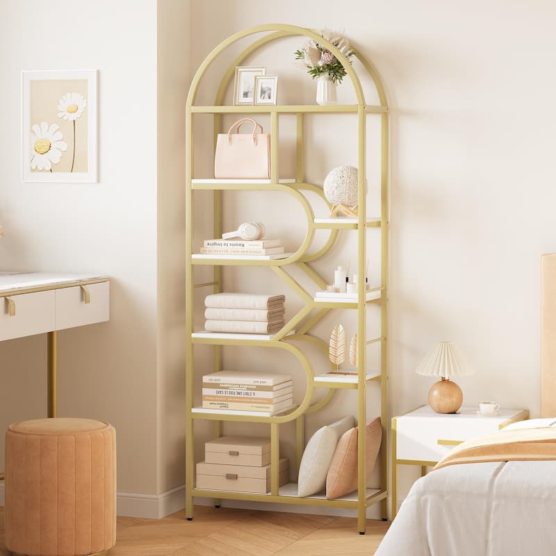 81.7 Inch Arched Bookshelf, Open Bookshelf with Storage Shelf, Geometric Bookcase Display Racks Tall Standing - Gold